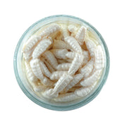 Berkley Gulp Waxies White soft fishing lures designed to attract fish with realistic bait appearance.