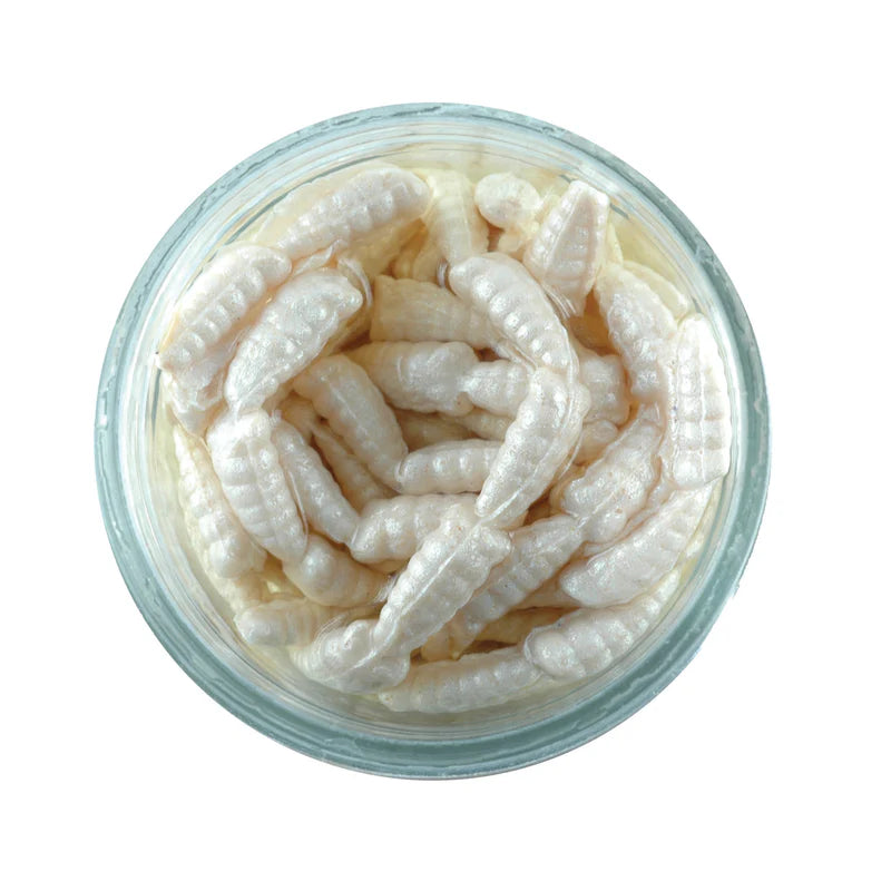 Berkley Gulp Waxies White soft fishing lures designed to attract fish with realistic bait appearance.