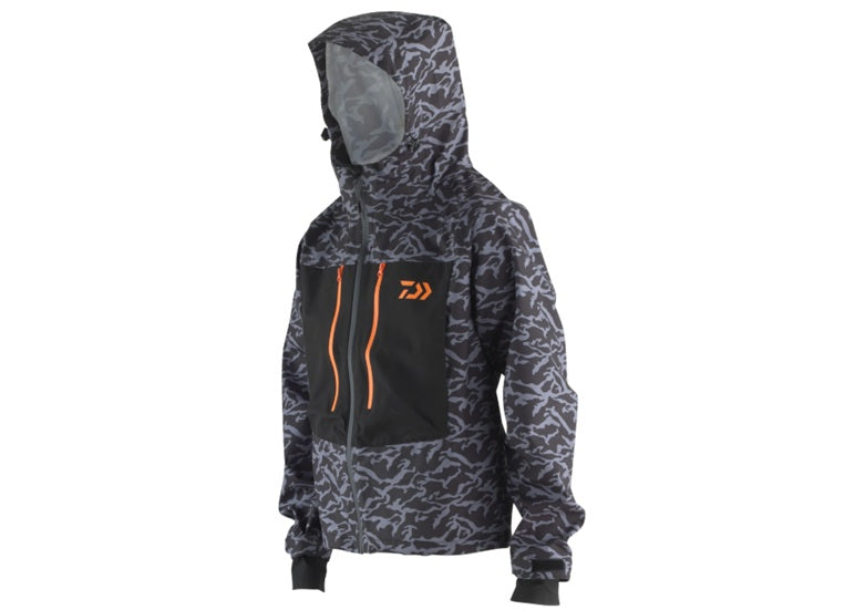 Daiwa D-VEC Wading Jacket in waterproof fabric with adjustable hood and multiple pockets for fishing and outdoor activities.