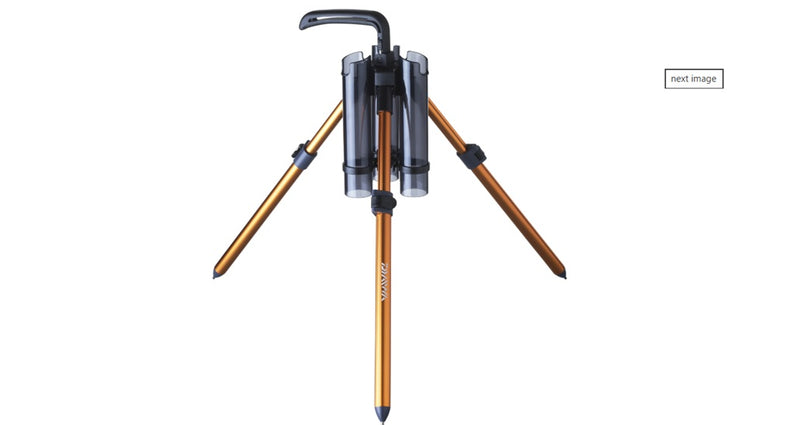 Daiwa Presso Iprimi 3 Rod Stand holding three fishing rods, black metal frame with rubberized supports for secure placement