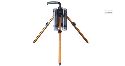 Daiwa Presso Iprimi 3 Rod Stand holding three fishing rods, black metal frame with rubberized supports for secure placement