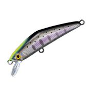 Smith D-COMPACT 45mm 3.5g wobbling fishing lure, close-up view showing its compact design and vibrant color details.