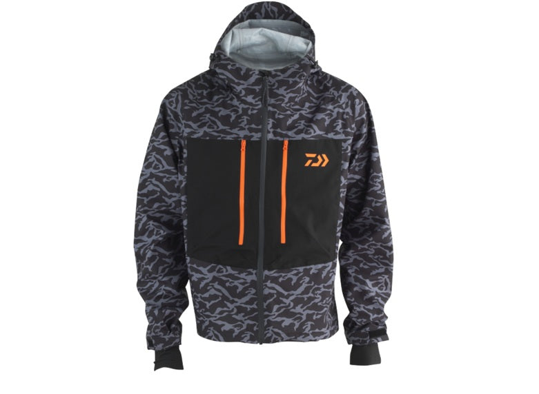 Daiwa D-VEC Wading Jacket shown in olive green with adjustable hood and waterproof fabric for fishing and outdoor activities.