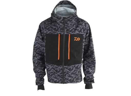 Daiwa D-VEC Wading Jacket shown in olive green with adjustable hood and waterproof fabric for fishing and outdoor activities.