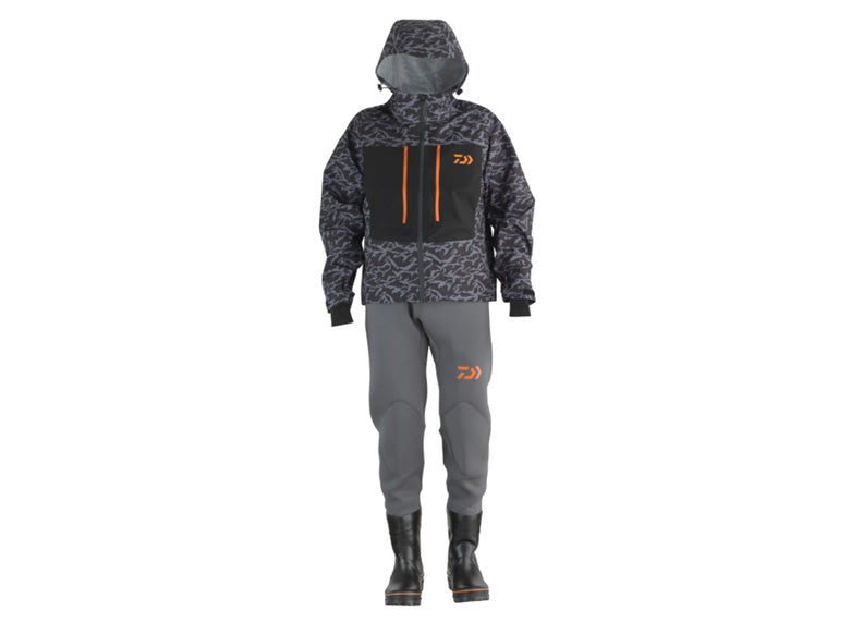Daiwa D-VEC Wading Jacket in waterproof material with adjustable hood and multiple pockets for fishing and outdoor activities.