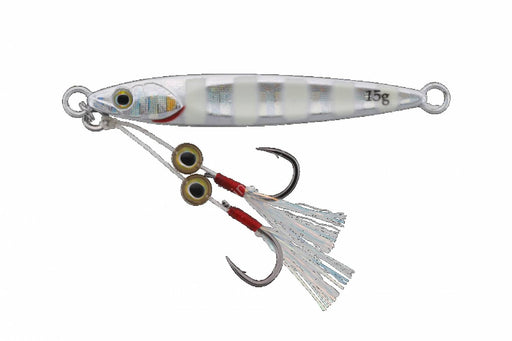 Jackall Big Backer Fit Jig 10g metal fishing jig with shiny silver finish and realistic fish scale design for lure fishing.