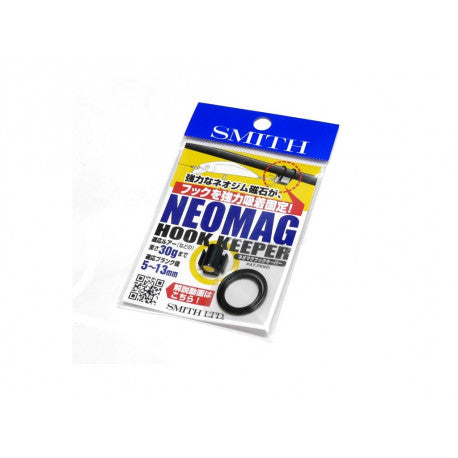 Smith Magnetic Lure Hook Keeper attached to a fishing rod, designed to securely hold hooks with a strong magnet.