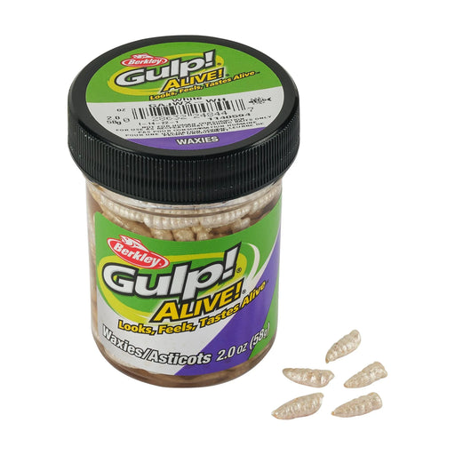Berkley Gulp Waxies White soft lures for fishing, showing multiple white waxie-shaped bait with realistic texture and size details.
