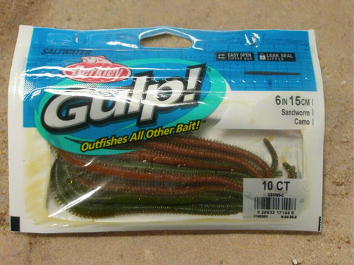 Berkley Gulp Sandworm 6-inch soft lure in camo color, designed for fishing, with detailed ridges and flexible body.