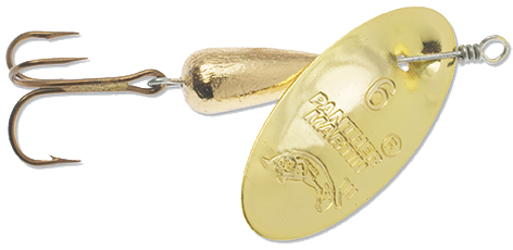 Close-up of a Panther Martin spinner lure with a shiny, reflective blade and colorful body, designed for fishing.