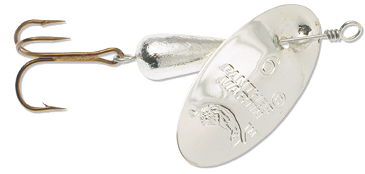Panther Martin Spinner in silver with gold blade, showing its lightweight, streamlined fishing lure design on a plain background.