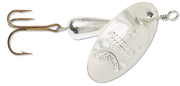 Silver Panther Martin Spinner with black and silver blades, designed for freshwater fishing, showing the lure's details and brand logo.