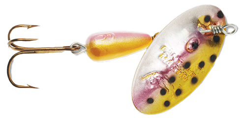Panther Martin Spinner lure with silver and gold blades and colorful body, designed for freshwater fishing.