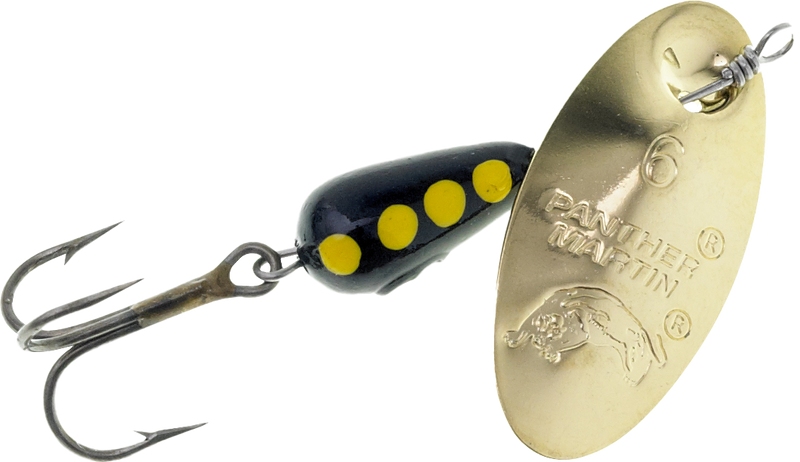 Panther Martin spinner lure with red and gold colors, designed for fishing, shown in image with shiny metal blade and vibrant details.