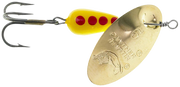Panther Martin spinner fishing lure with red and gold coloration, designed for freshwater fishing, featuring a spinning blade.