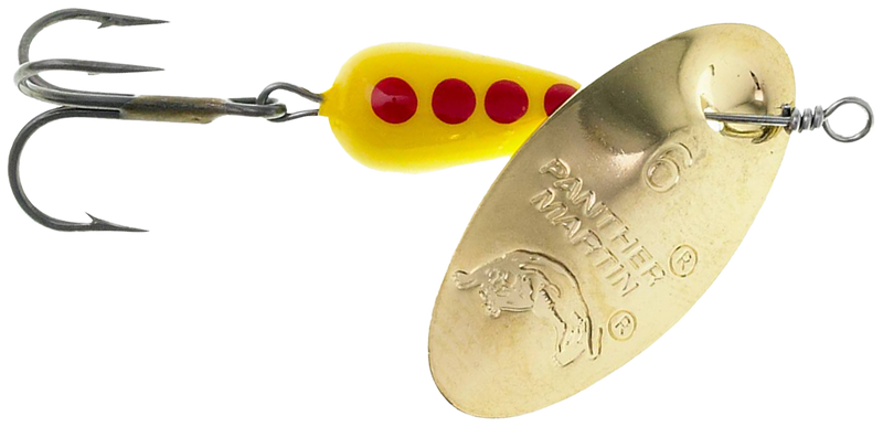 Panther Martin spinner fishing lure with red and gold coloration, designed for freshwater fishing, featuring a spinning blade.