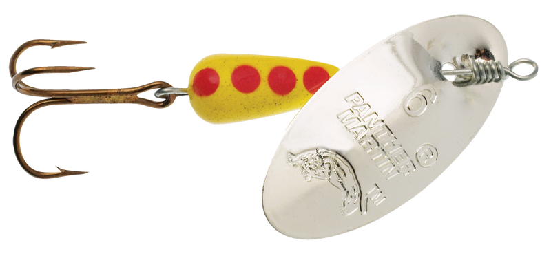 Panther Martin spinner lure with silver and red blades, designed for freshwater fishing, shown in the PM2.RS.png image.