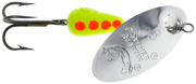 Panther Martin spinner fishing lure with red and silver body, designed for freshwater fishing, shown in the image.