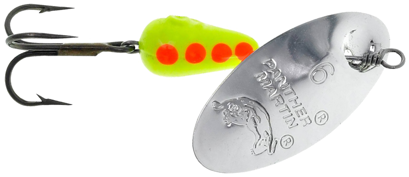 Panther Martin spinner fishing lure with red and silver body, designed for freshwater fishing, shown in the image.