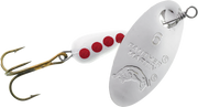 Silver Panther Martin Spinner with red and white striped body on a fishing line, designed for freshwater fishing.