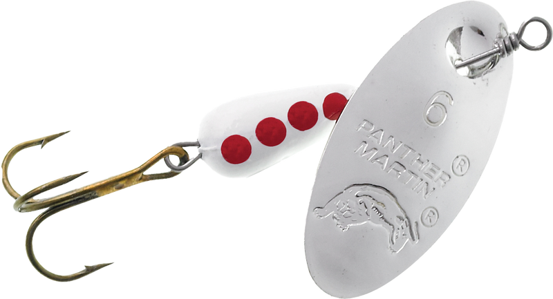 Silver Panther Martin Spinner with red and white striped body on a fishing line, designed for freshwater fishing.