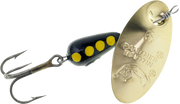 Colorful Panther Martin spinner with a shiny metal blade and vibrant red and gold accents, designed for fishing.