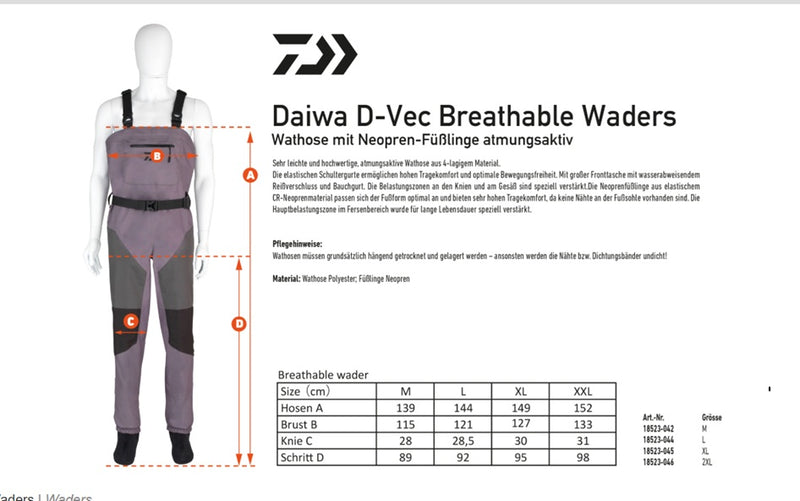 Daiwa D-VEC breathable waders for fishing, featuring lightweight, waterproof fabric and adjustable straps for comfortable outdoor wear.