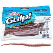 Dark brown Berkley Gulp Sandworm 6-inch soft lure, detailed close-up showing flexible, realistic design for fishing.