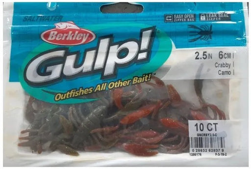 Berkley Gulp Crabby Camo 2-inch soft lure designed to mimic a crab for fishing.