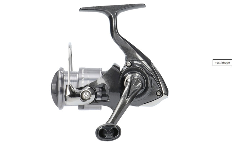 Daiwa 26 Crossfire LT fishing reel with black and silver design, showcasing the lightweight, durable construction of the reels.