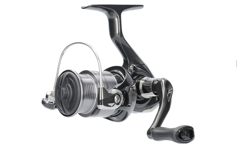 Daiwa 26 CROSSFIRE LT fishing reel, close-up of the black and silver spinning reel with handle and spool components.