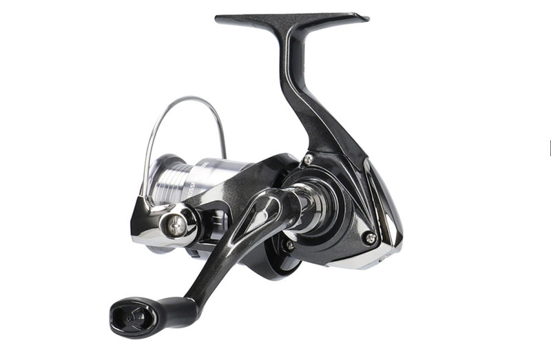 Daiwa 26 CROSSFIRE LT spinning reel with black and silver finish, featuring multi-disc drag system and ergonomic handle.