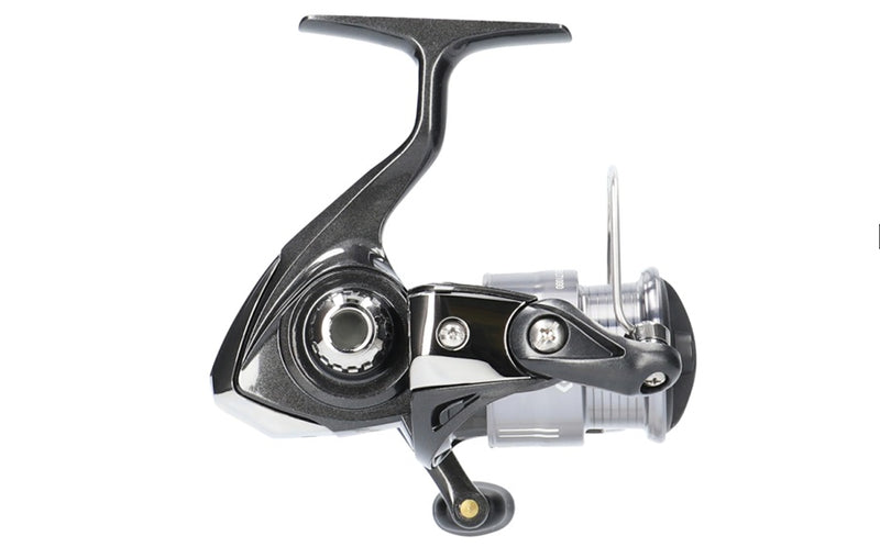 Daiwa 26 CROSSFIRE LT spinning reel with black and silver design, featuring compact body and ergonomic handle.