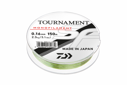Daiwa TN SF 150m green monofilament fishing line spool with clear label and packaging, showing the product details.