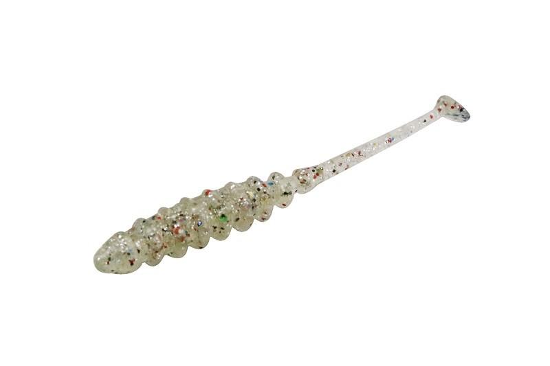 Jackall Tide Beat 1.5-inch soft lure, close-up showing detailed flexible plastic body and vibrant color for fishing.