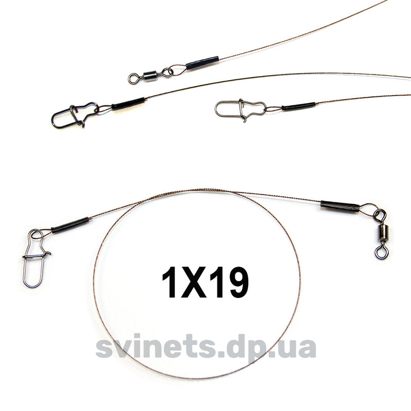 DS Leader AFW 1x19 fishing leader with clear, durable nylon coating, shown with close-up of the strong, flexible wire and coating.