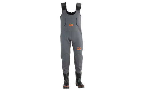 Daiwa D-VEC Neoprene Waders showing waterproof neoprene material and adjustable shoulder straps for fishing or outdoor use.