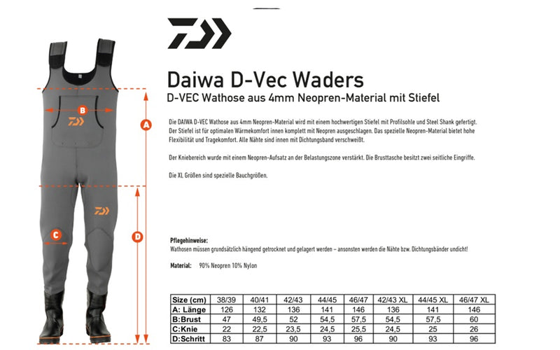 Daiwa D-VEC Neoprene Waders for fishing, featuring adjustable straps and reinforced knees, suited for outdoor water activities.